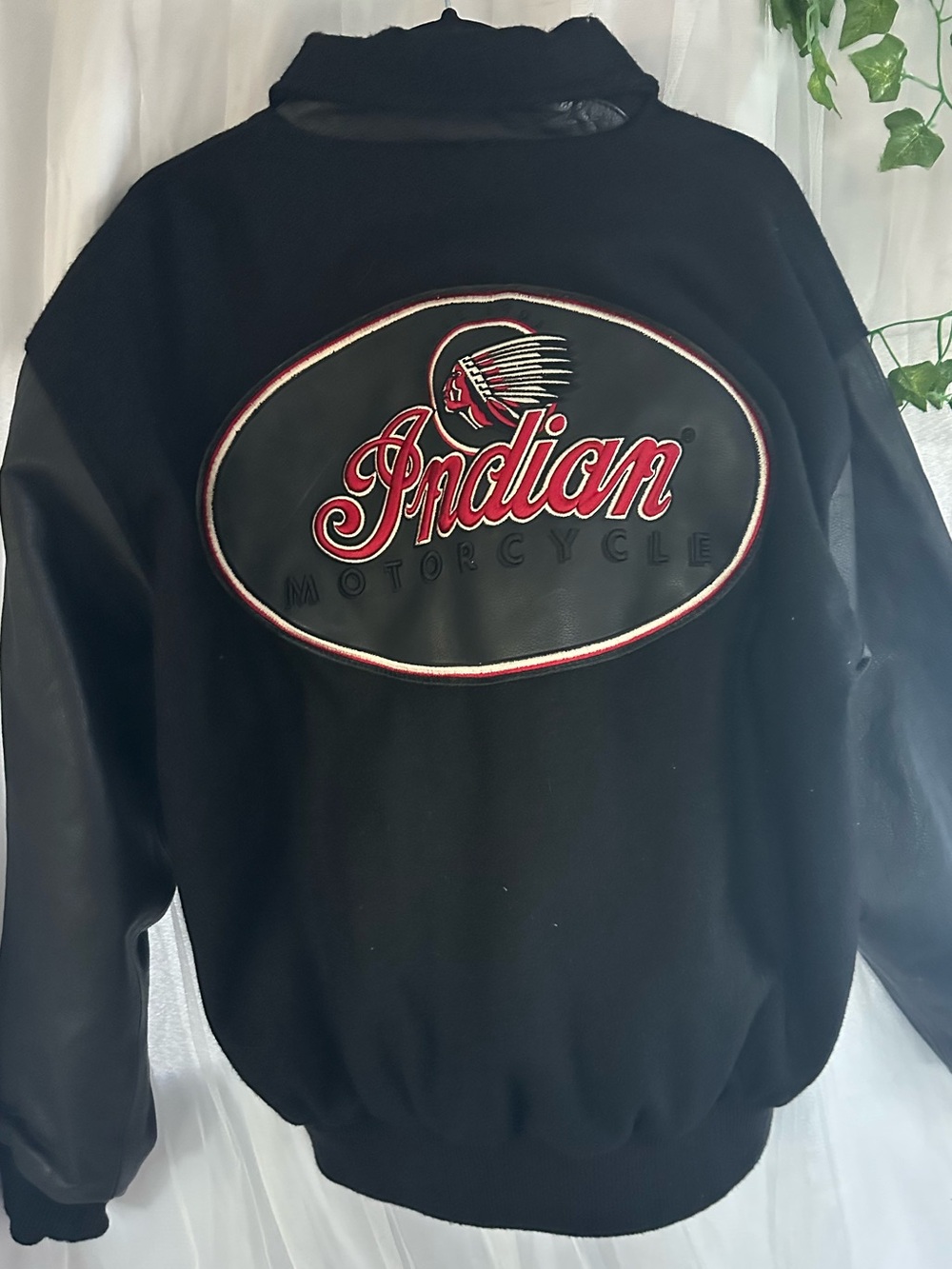 Indian Motorcycles Black Wool Bomber Jacket with Leather Sleeves